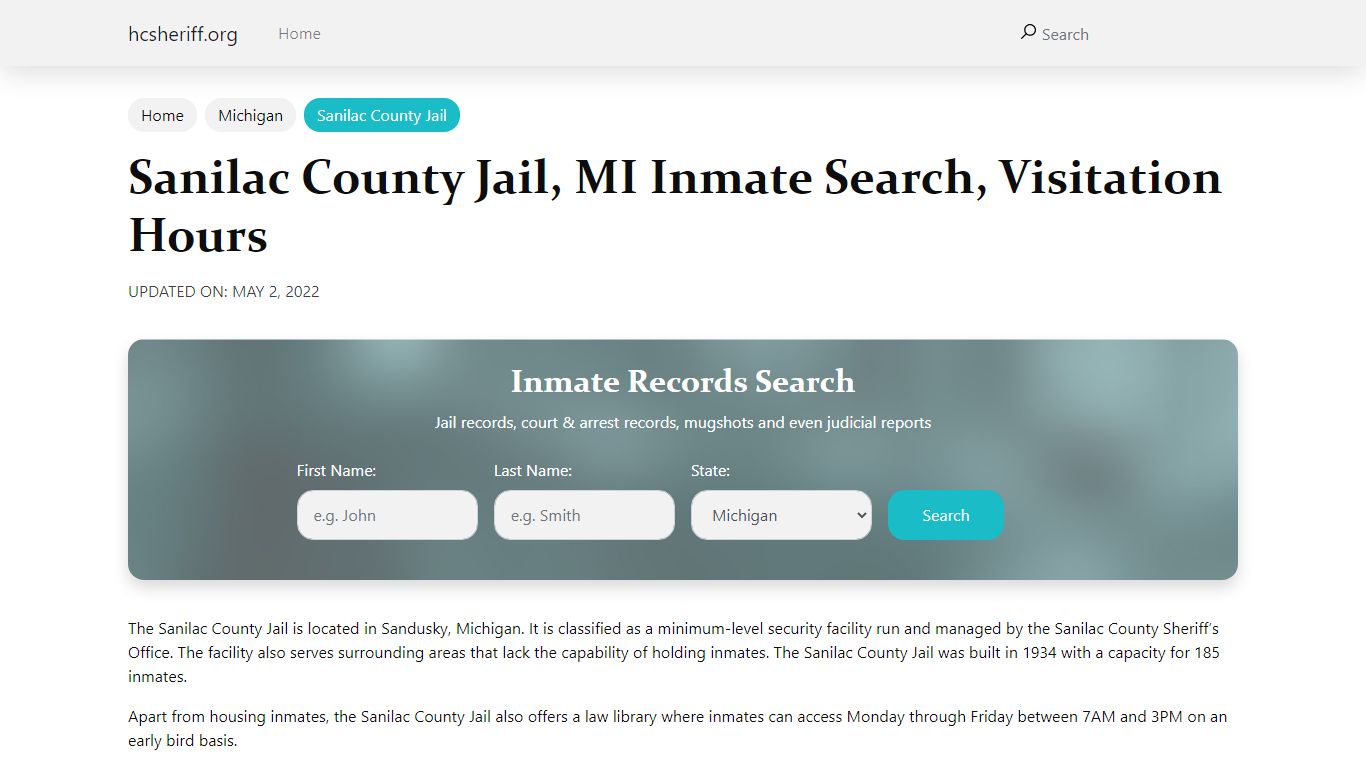 Sanilac County Jail, MI Inmate Search, Visitation Hours